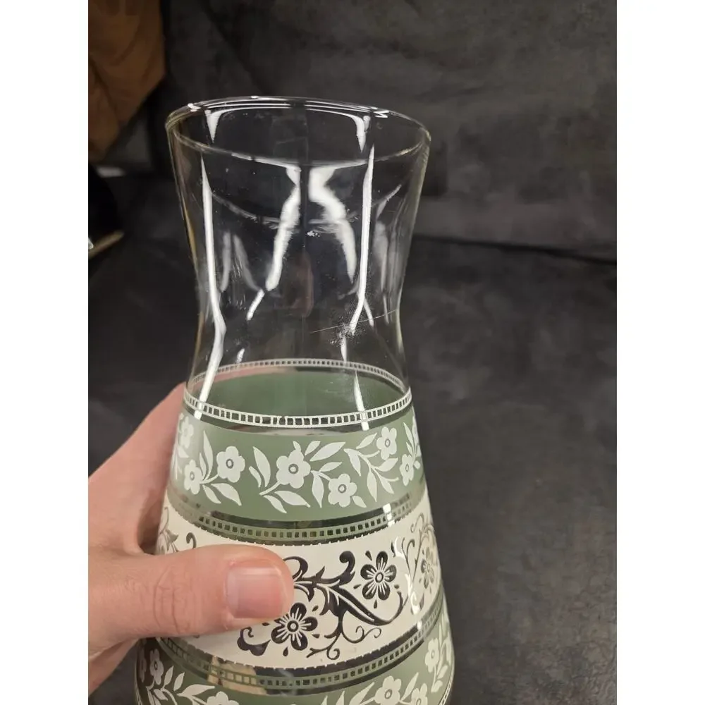 Vintage Mid-Century Glass Juice Carafe Green & White Floral Silver Bands 7.5